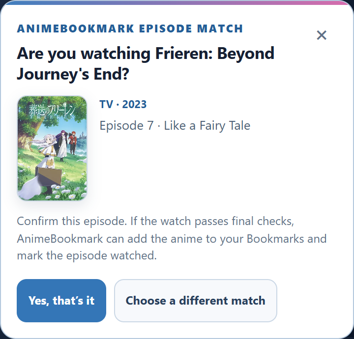 AnimeBookmark Tracker anime and episode confirmation preview